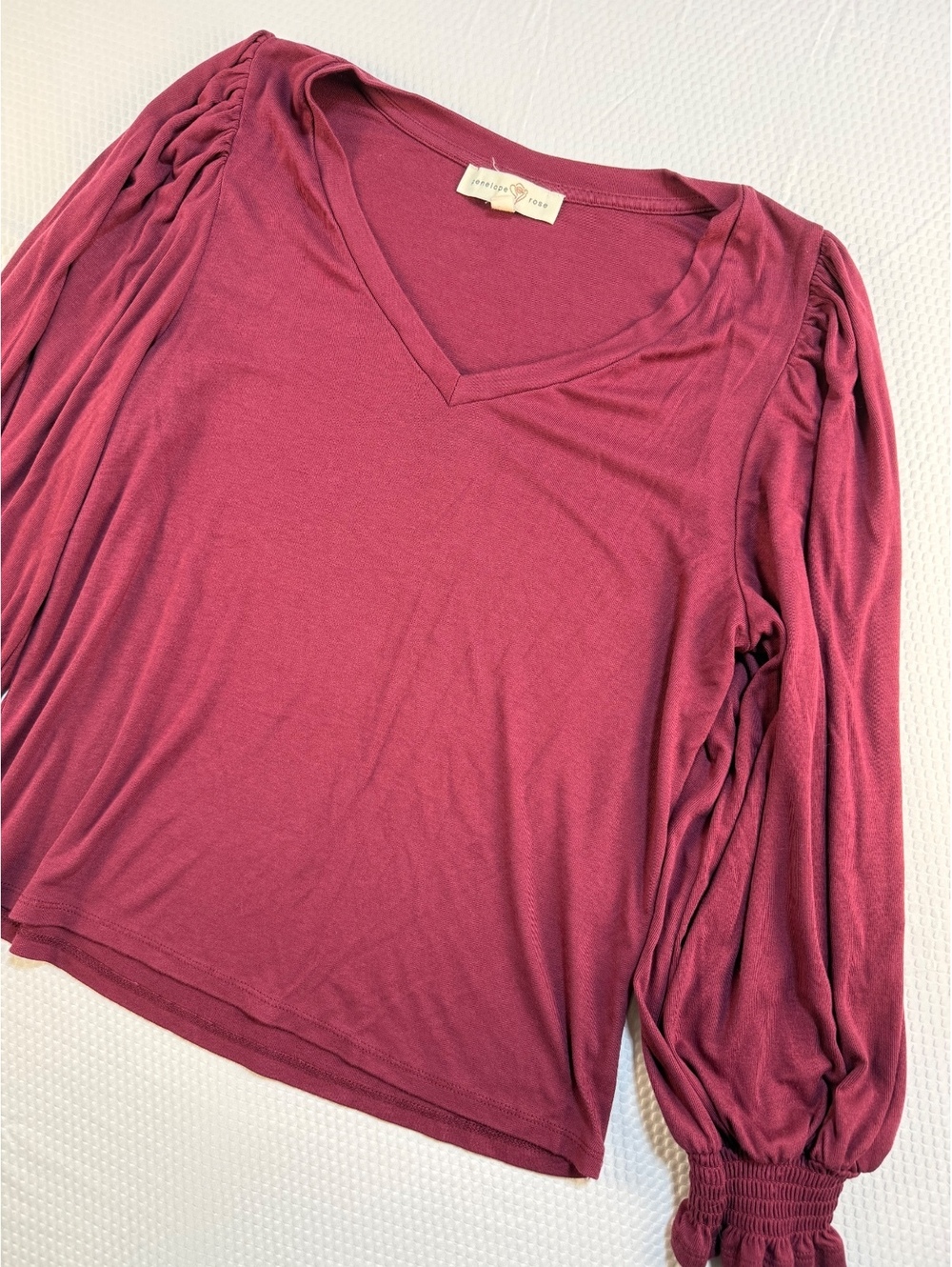 Penelope Rose Women’s Large Burgundy Balloon Sleeve Smocked Cuff Boho Top